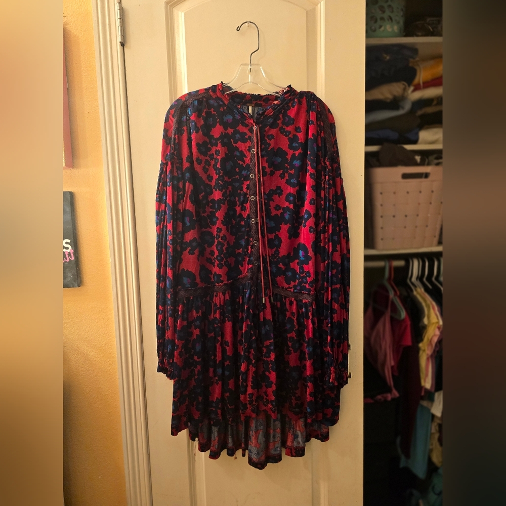 Free People Oversized Mini Dress Red/blue Sz M